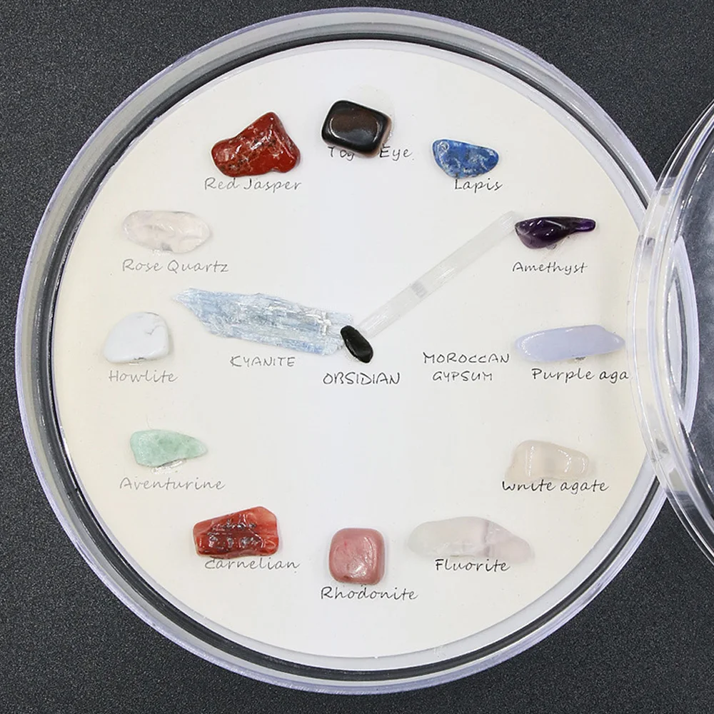

Natural Crystal Clock Shape Acrylic Mineral Specimen Box Polished Quartz Stone Office Room Ornament Home Decoration