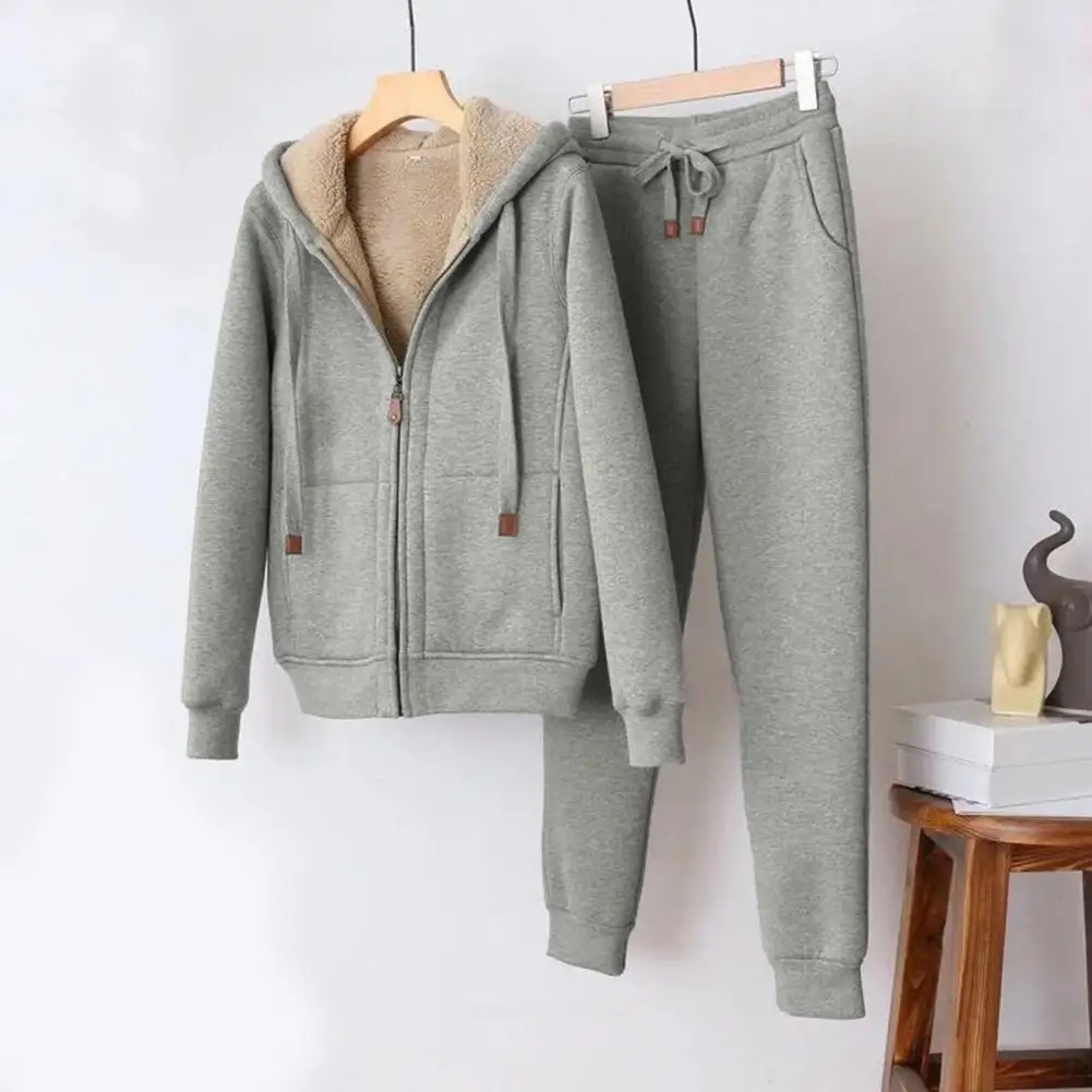 

Women Sweatshirt Pants Set Zipper Placket Cardigan Drawstring Elastic Waist Pants Warm Outfit Female Hoodie Jogger Pants Set