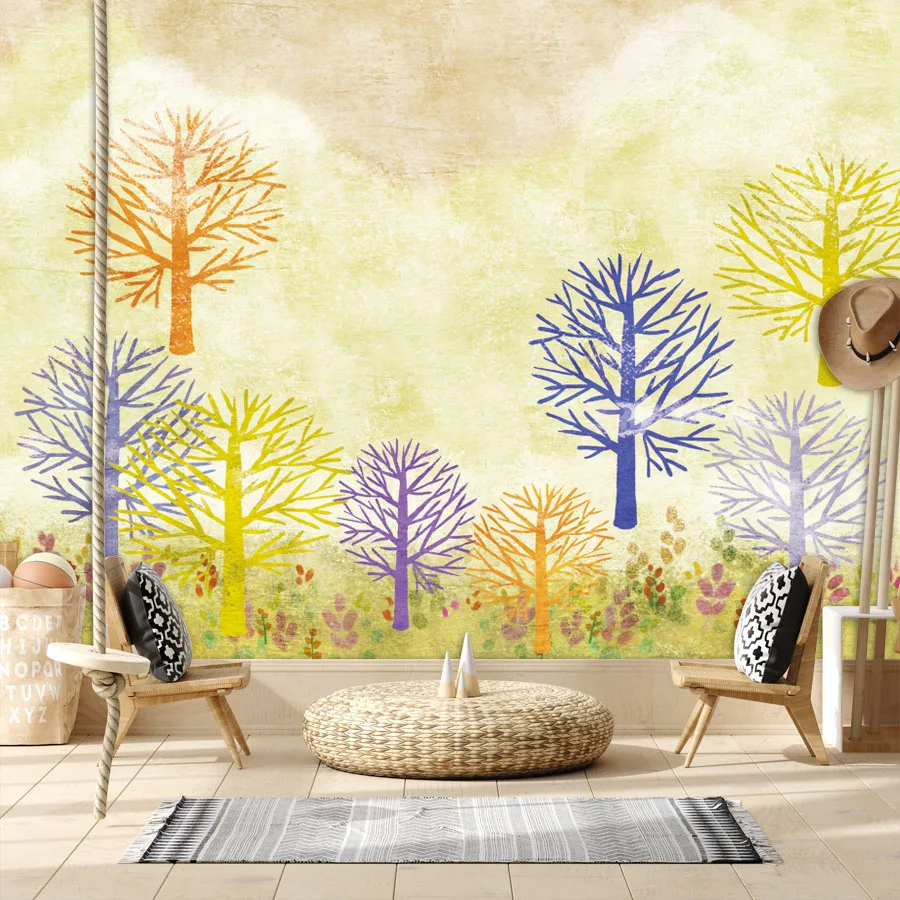

Мультяшные обои на заказ, домашний декор, панель для гостиной, детской спальни, детская комната, украшение, цветные деревья, диван, фреска