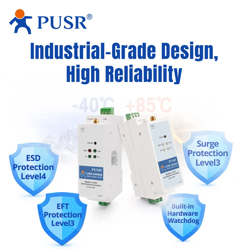 DIN-Schiene RS485 zu WiFi-Konvertern RS485 zu 802.11 A/b/g/n WLAN-Server für serielle Geräte DR404