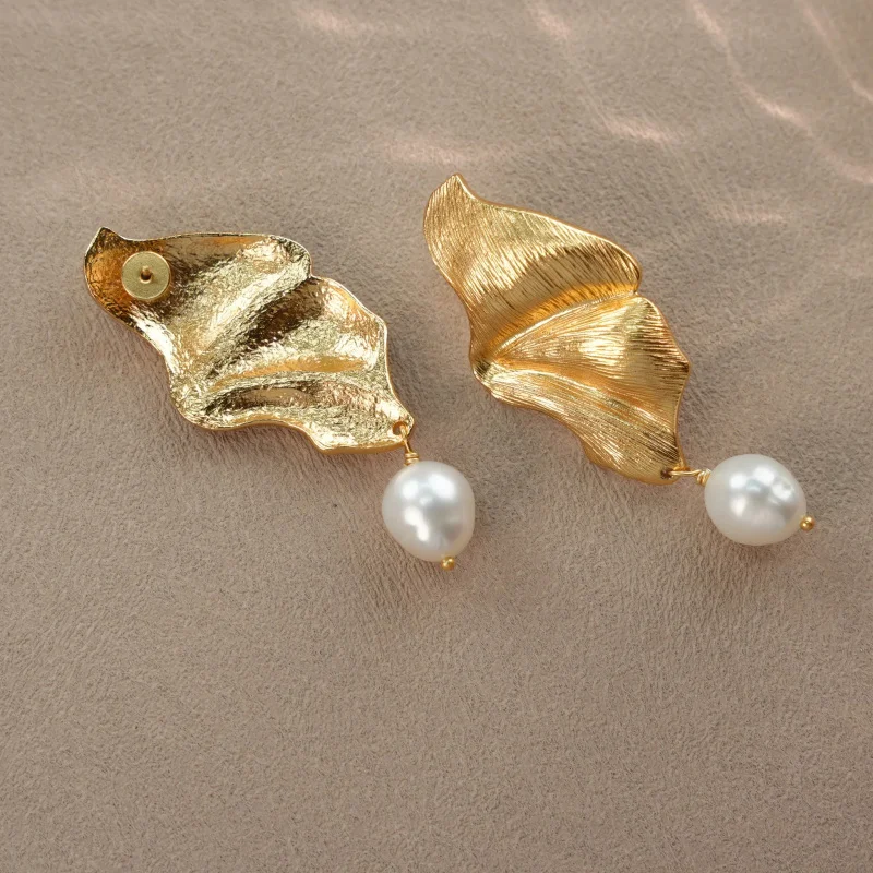 Litheline 24K Gold Plated Brass Draped Leaf Earrings, Hand-Textured Baroque Pearl Designer Piece Artisanal Luxury Jewelry view 3