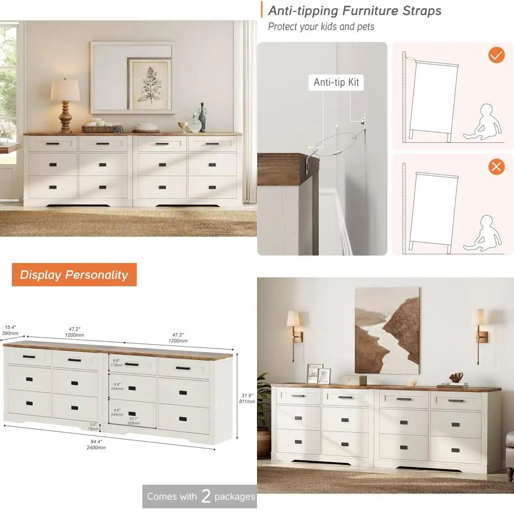 

94.5" Extra Long Rustic Wooden Drer or Bedroom,6-Der Chest 2-Piece Set with Waterproo & Scratch-Resistant Surace, Smooth Ders, C