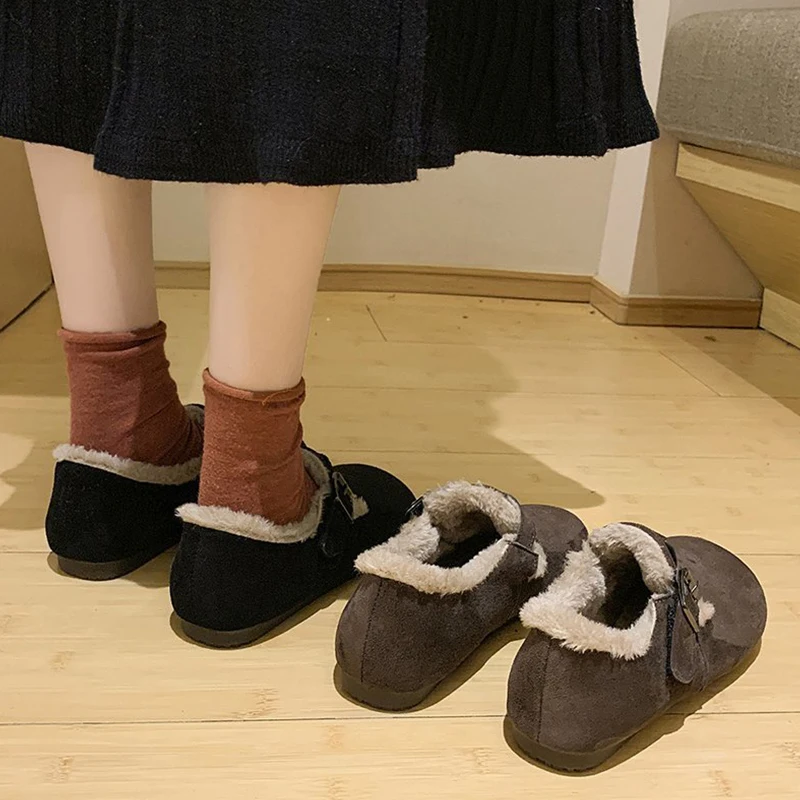 Casual Woman Shoe Autumn Round Toe All-Match Soft Loafers Fur Female Footwear New Fall Comfortable Moccasin Winter Dress Basic R