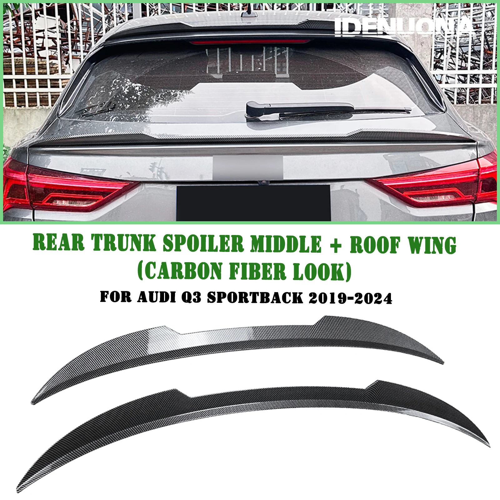 

For Audi Q3 F3 Sportback 2019-2024 Rear Roof + Middle Spoiler Wing Carbon Fiber Look/Gloss Black Trunk Upper Center Splitter Lip