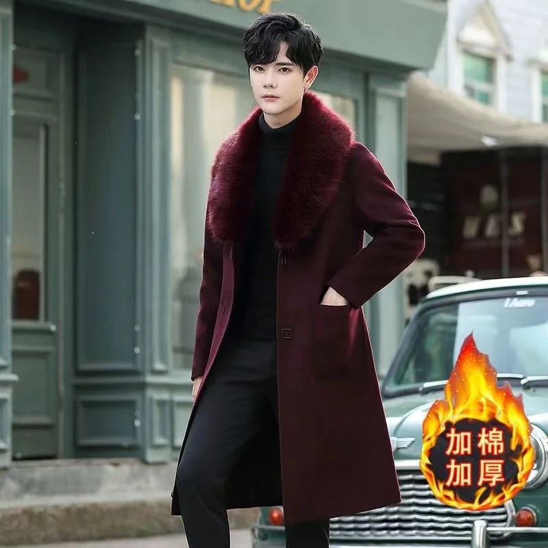 

Men's Autumns Winter Slim Fitting Woolen Trench Coat Long Knee Length Embroidered Plus Size Thick Coat
