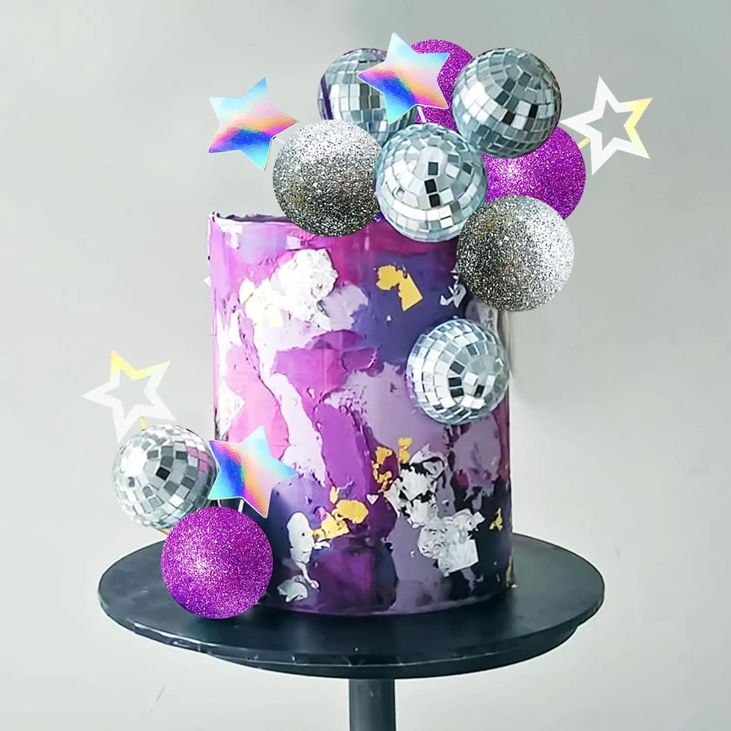 LaVenty Bola de discoteca para tarta, adorno para tarta de Reina bailando, decoraciones para tartas de los años 80, bolas de pastel plateadas, decoraciones para tartas plateadas