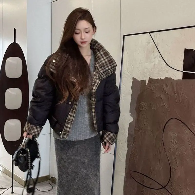 الشتاء المحاصيل سترة دافئة المرأة المرقعة سترة منفوخة تصميم معطف طويل الأكمام أعلى متقلب فضفاض سترة Mujer الملابس الشتوية