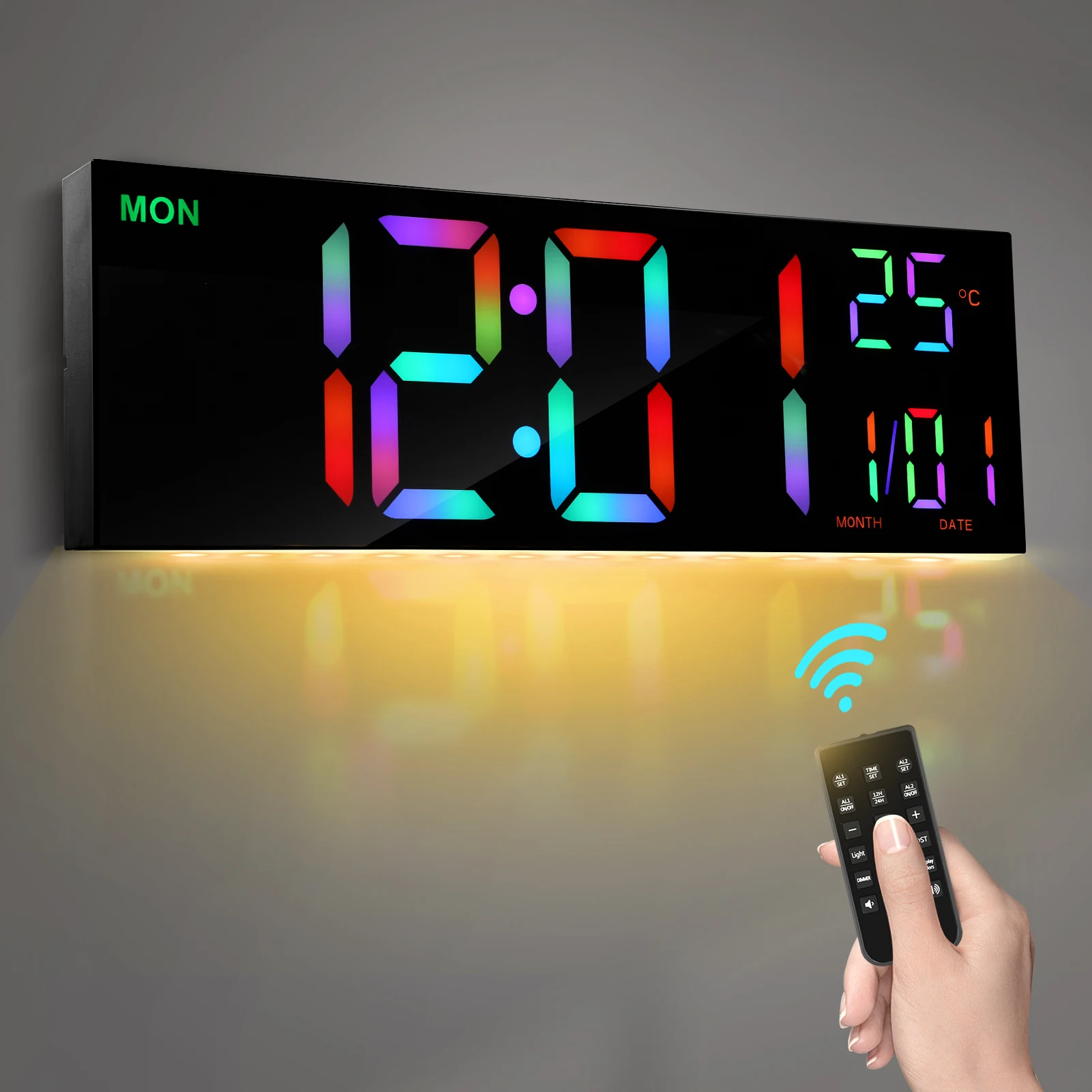 16.5'' Large Digital Wall Clock with Remote Control Dual Alarm 8RGB Color Date Auto DST Temperature Night Light Gym Clocks