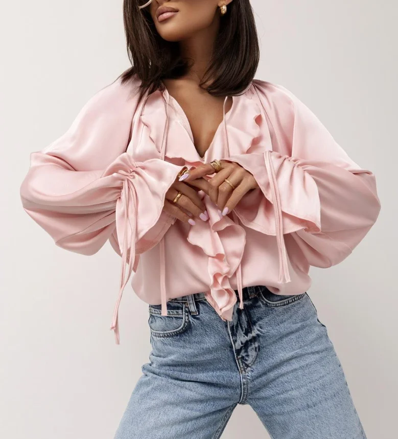 Women's Commuting Blouses 2025 Spring Summer Latest Sweet Versatile Ruffle Flared Sleeve V-Neck Lace Up Shirt Solid Color Top