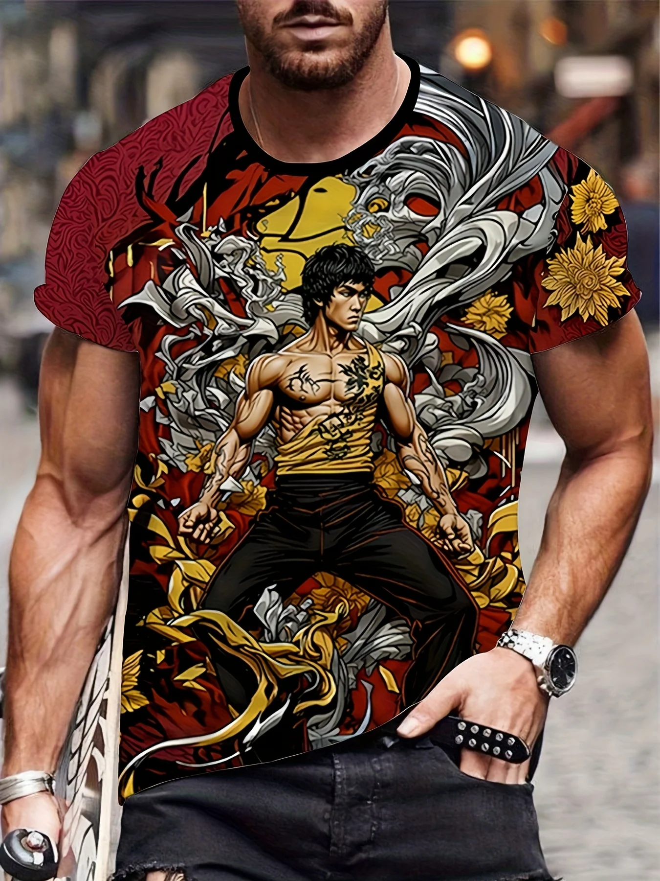 

Chinese Martial Arts Pattern Men's T Shirts Funny 3D Printing Short Sleeve Tees Casual O-neck Loose Tops Fashion Gym T-shirt Man