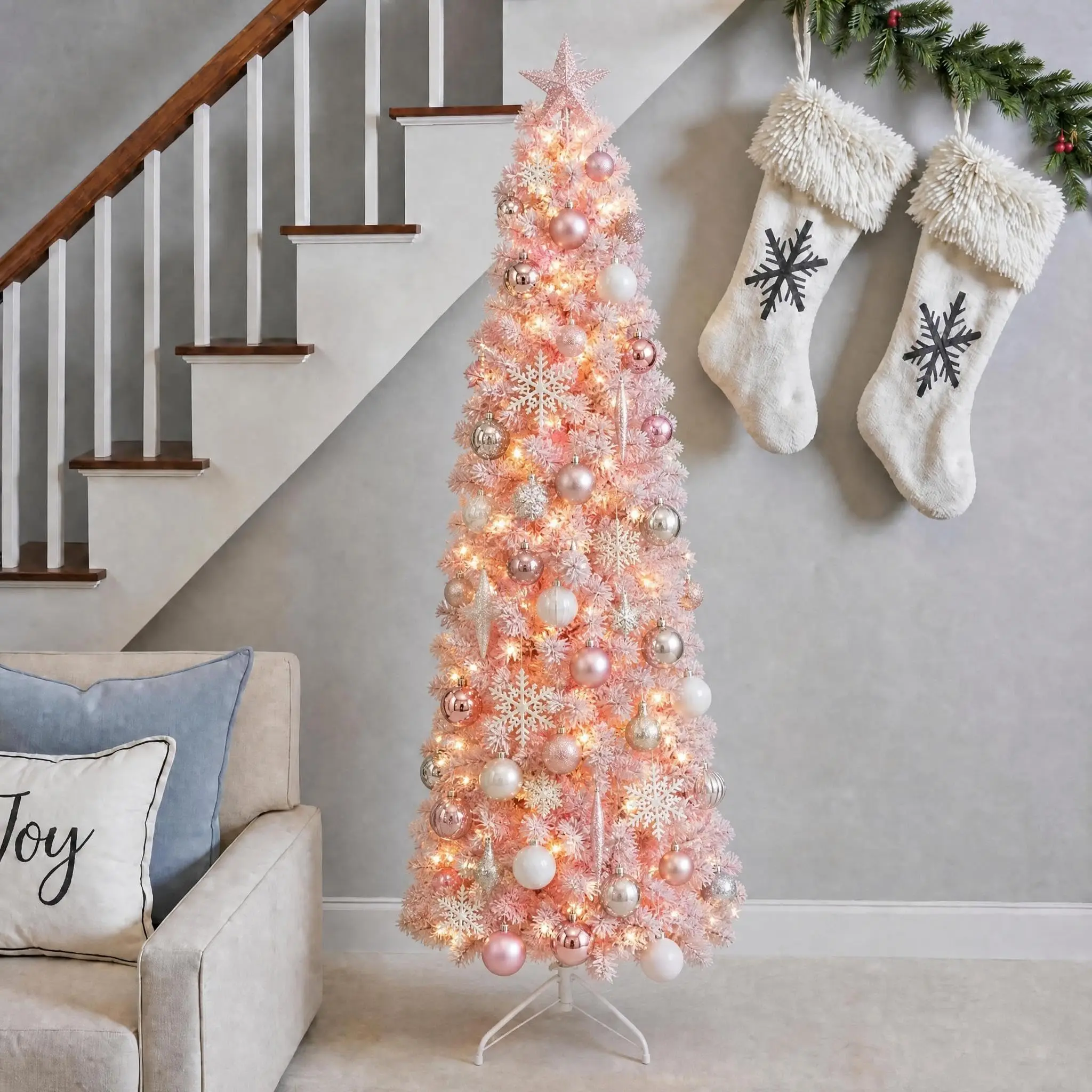 6FT Pre-Lit Flocked Slim Christmas Tree with 250 Warm White LEDs, 600 Advice – Narrow Artificial Pencil Xmas Tree for Indoor Apartment Office Holiday Decor – Metal Stand Included