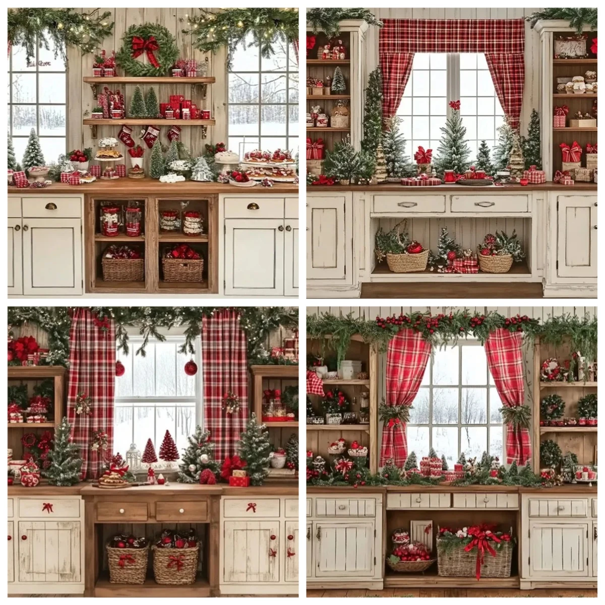 

Photography Background Christmas Kitchen White Cabinet Window Kids Family Holiday Portrait Decor Backdrop Photo Studio