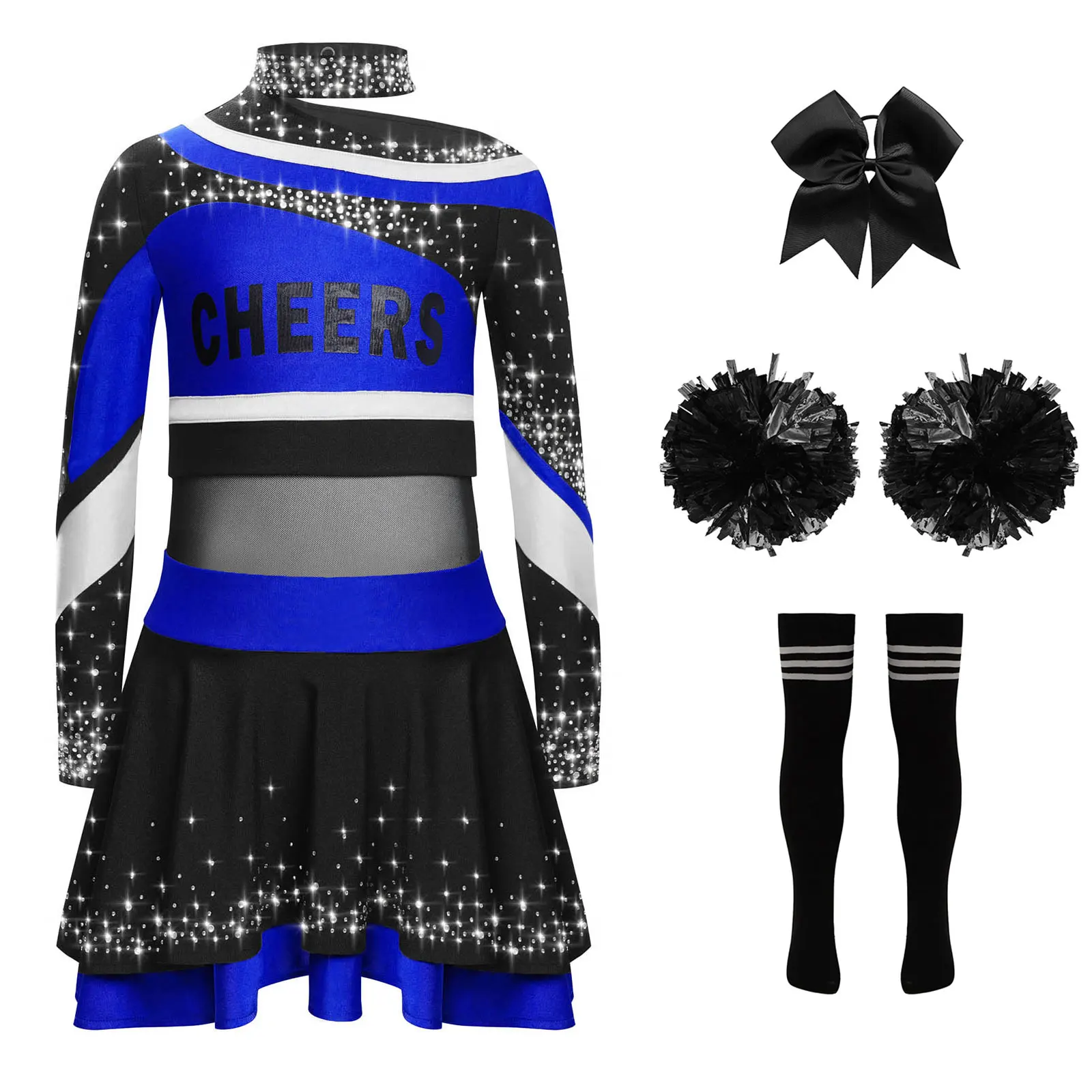 Girls Cheerleader Costume School Cheer Dance Outfit Carnival Sports Meeting Rhinestones  Cheerleading Uniform Top and Skirt Set