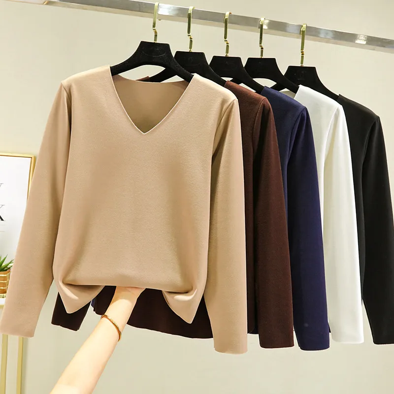 Women's V-neck Base Shirt Thickened Long Sleeve Fleece Lined Warm T-shirt Large Size Inner Wear Close-Fitting Korean Style