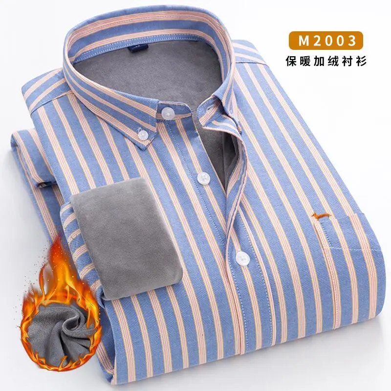 New Winter Men Casual Fashion 100%Cotton Long Sleeve Shirt Embroidery Blouse Keep Warm Striped Slim Fit Turn Down Collar Blouses