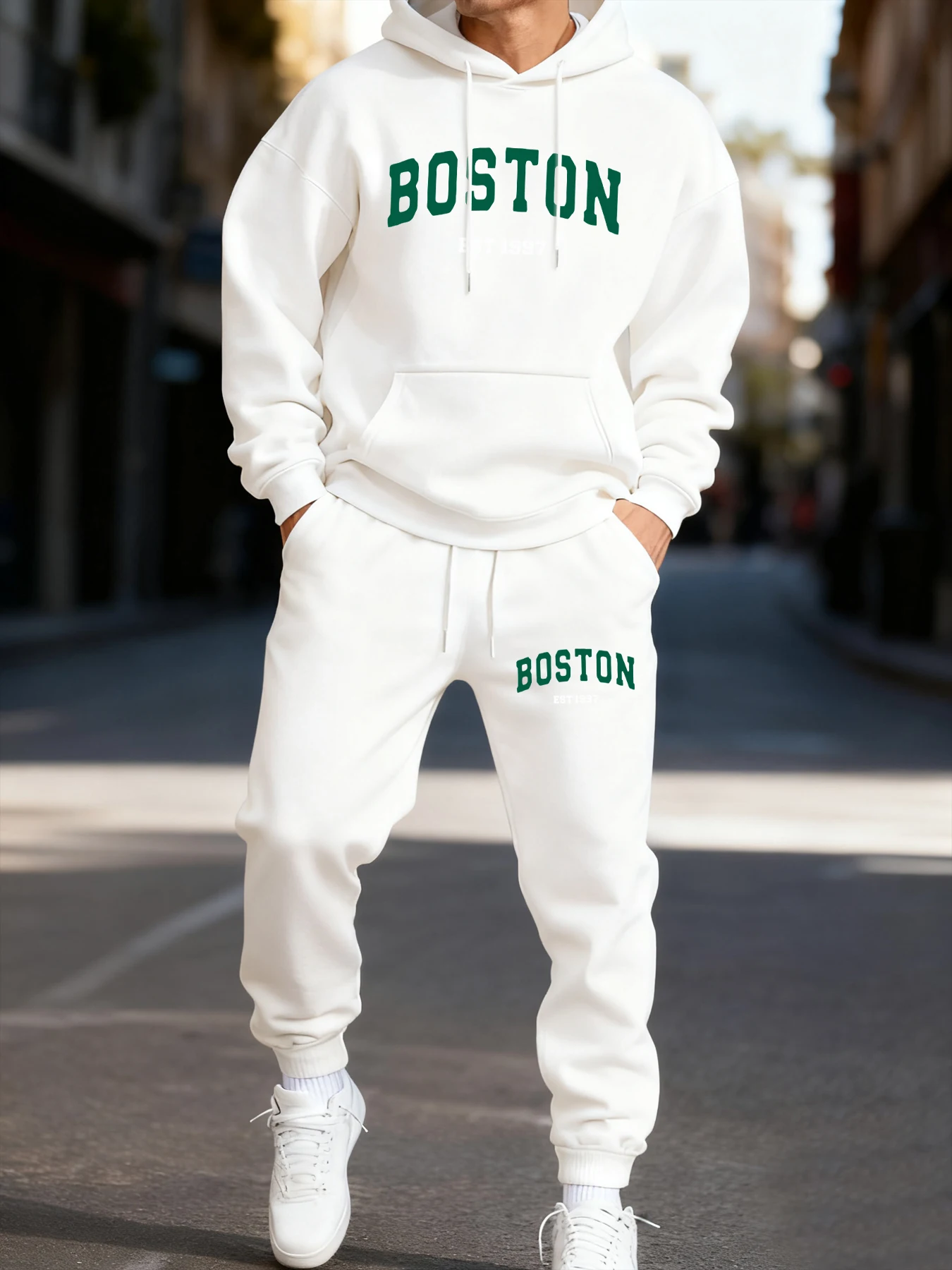 Conjunto de sudadera con capucha para hombre con estampado sencillo de Boston, conjunto deportivo de dos piezas para invierno, ropa urbana de largo, sudadera informal para parejas.