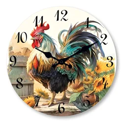 1pc 10-12 inch wooden wall clock, a rooster and sunflower pattern circular farmhouse wall clock, silent clock, home decor