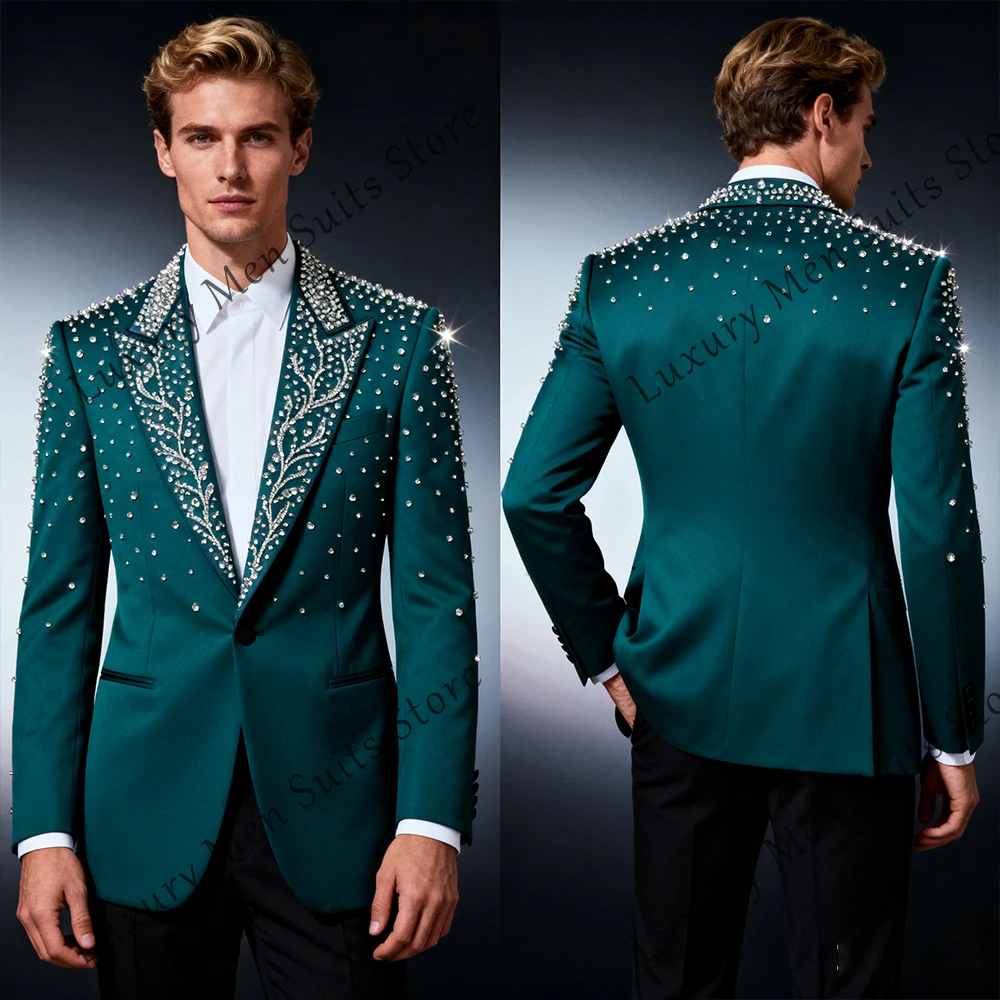 

Luxury Diamond Suits for Men 2 Pieces Peaked Label Tuxedos Crystal Wedding Outfits Customized Blazer Pants costume homme luxe