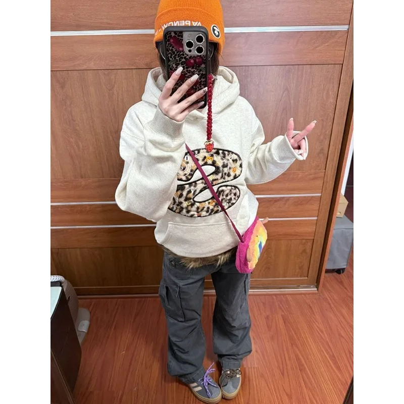 Women's Leopard Print Fleece Applique Embroidery Hoodie - 2025 Autumn/Winter Fleece-Lined, Thickened Commuting Top
