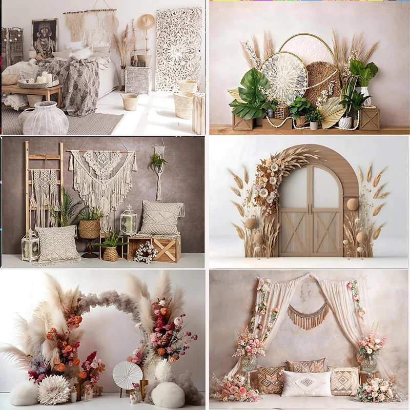 Interior Bohemian Room Wall Photography Backdrop White Brick Pillow Dream Catcher Summer Spring Style Family Baby Shower