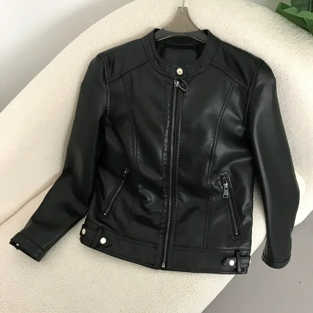 New Faux Leather Jacket Women PU Leather Jacket 2024 Spring Autumn Style Round Neck Casual Fashion Versatile Trendy Motorcycle