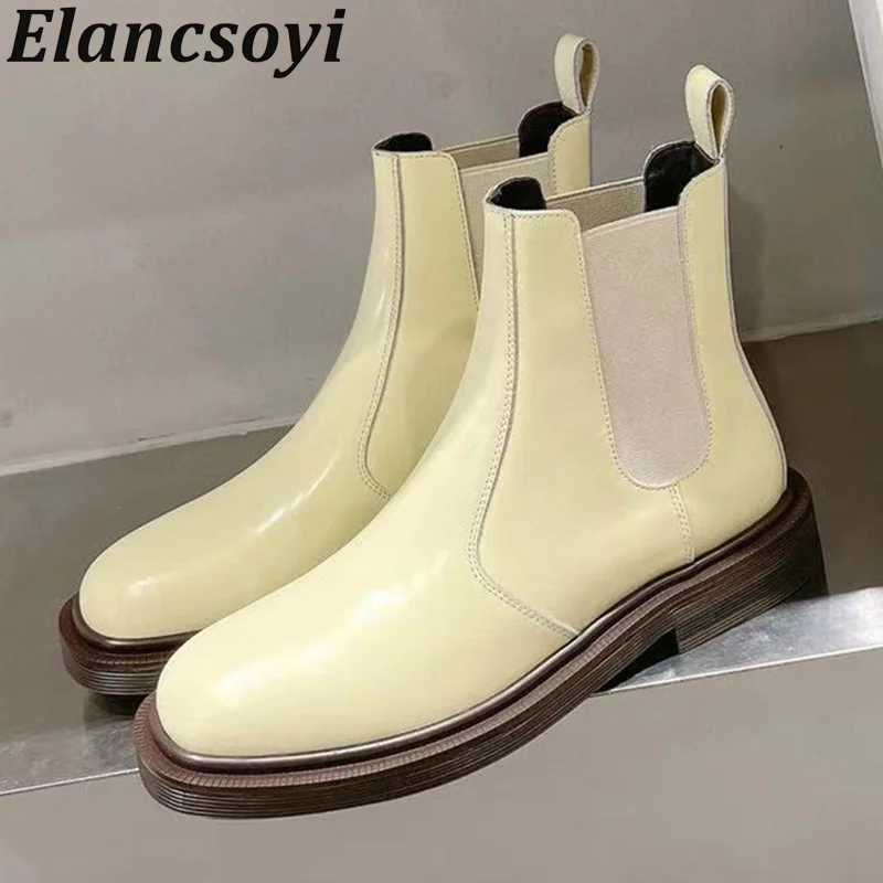 

Autumn Winter Genuine Leather Round Toe Short Boots Women Elastic Bands British Style Ankle Botas Flat Bottom Chelsea Boots