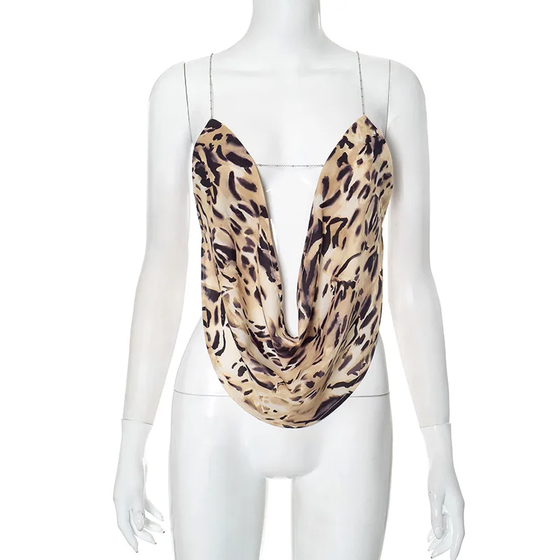 ليوبارد مطبوعة سلسلة مثير يتأرجح طوق المحاصيل الأعلى للنساء 2025 الصيف كبير عارية الذراعين أكمام كاميس ملابس الحفلات