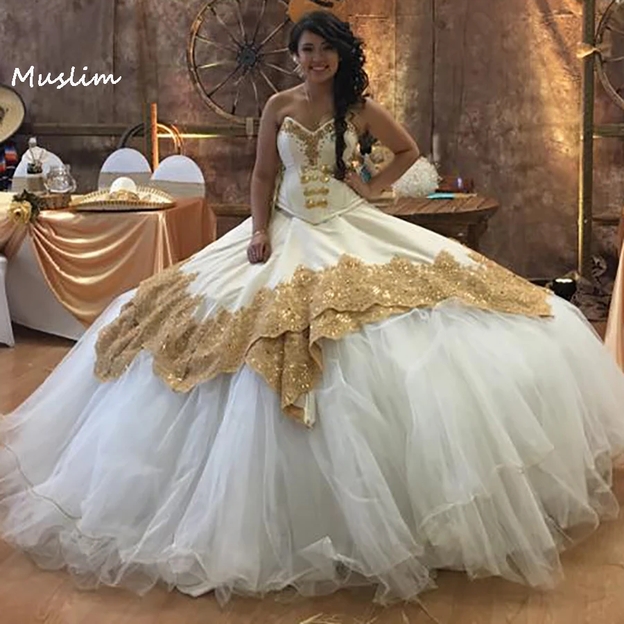 Mexican White Quinceanera Dress With Gold Lace Luxury Puffy Appliques Vestido De Debutante Para 15 Anos Birthday Customized