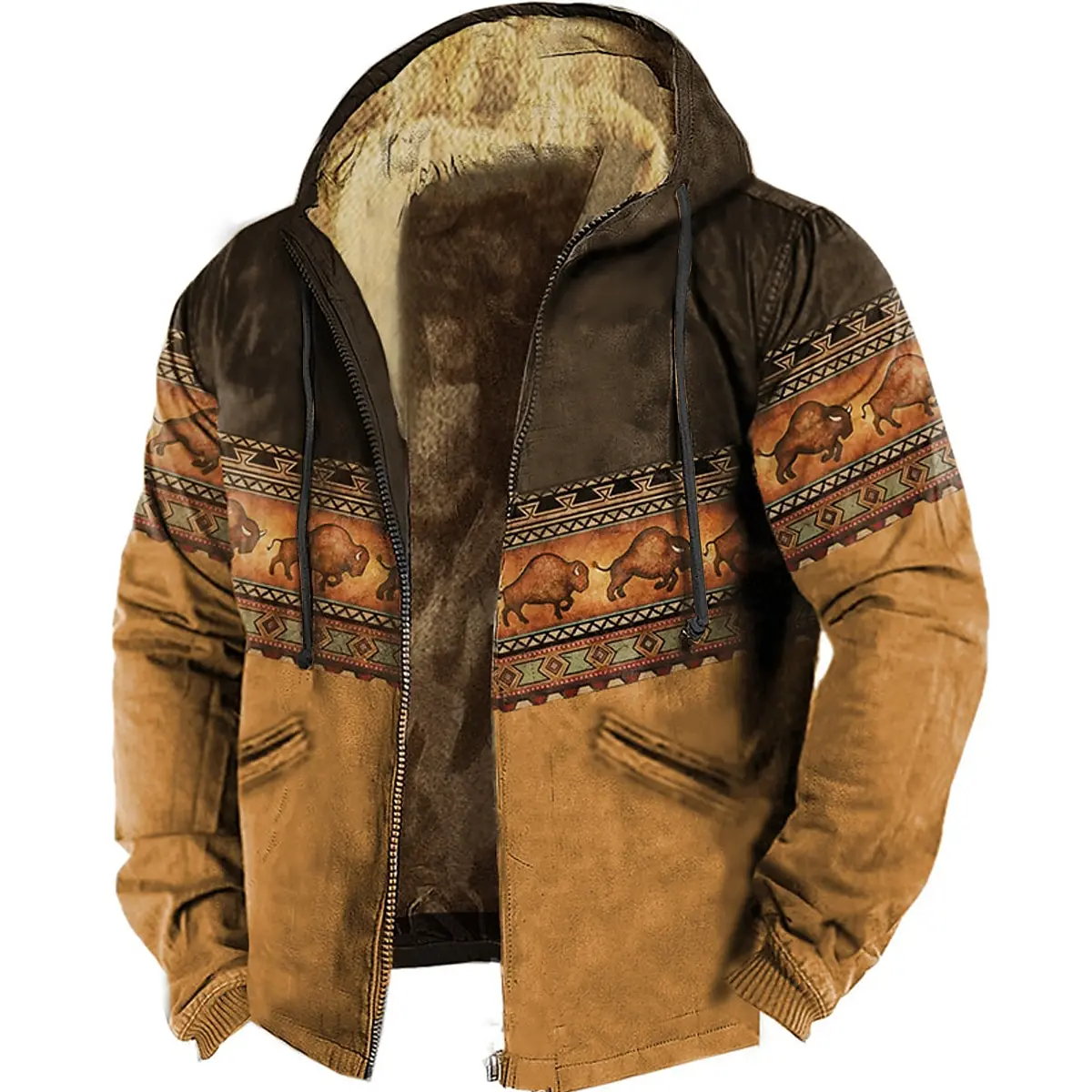 Men's Winter Fleeced Zip Up Jacket Tribal Graphic Bullfight Pattern Vintage Hoodies Coat Casual Hooded Parkas Outerwear 2024