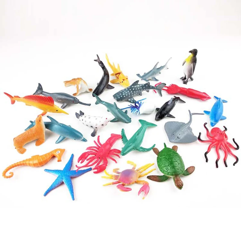 24Pcs Mini Simulation Trumpet Marine Animal Model Children's Cognitive Toy Underwater World DOLPHIN Lobster Shark Crab Model K59