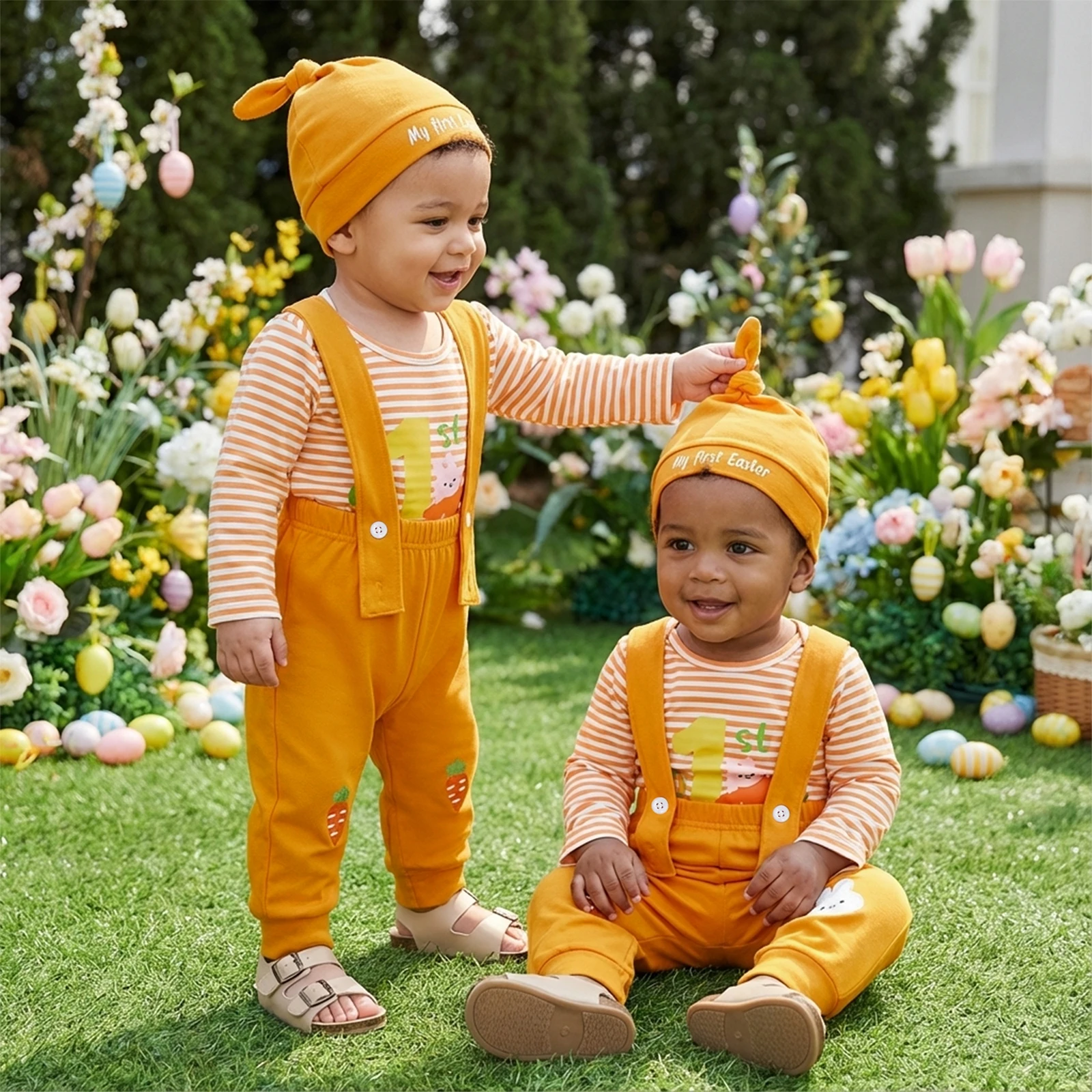 Baby Girls Easter Outfits Long Sleeve Bunny Letter Print Romper Pants Hat Set Infant Clothes