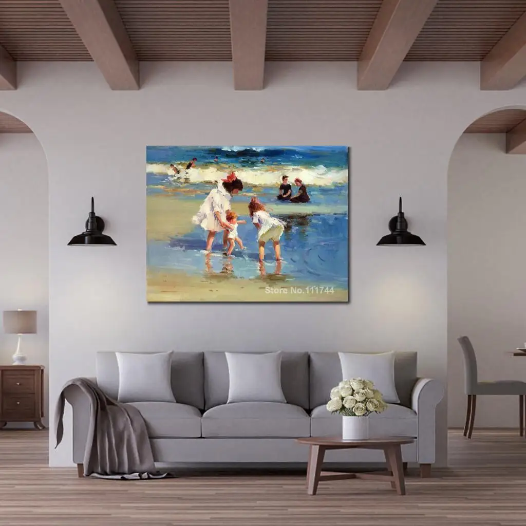 

Children Playing at The Seashore Art Hand Painted Edward Henry Potthast Seascape Oil Paintings on Canvas for Home Decor