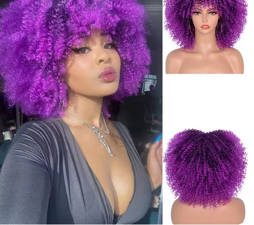 Short Hair Afro Kinky Curly Wigs With Bangs For Black Women African Synthetic Ombre Cosplay Natural Blonde Purple Wig