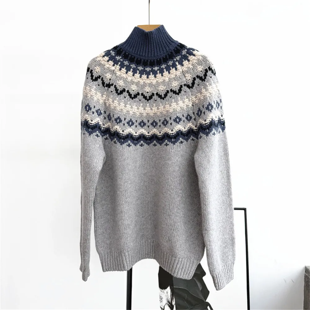 25 Autumn/Winter New Women's Retro High Collar Jacquard Contrast Loose Thick Knitted Pullover