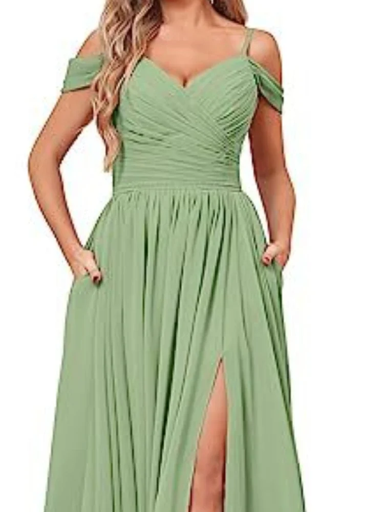 

Elegant Strapless Long Bridesmaid Dress Slim Waist A-line Formal Vestidos Off Shoulder Solid Split Chiffon Homecoming Dresses