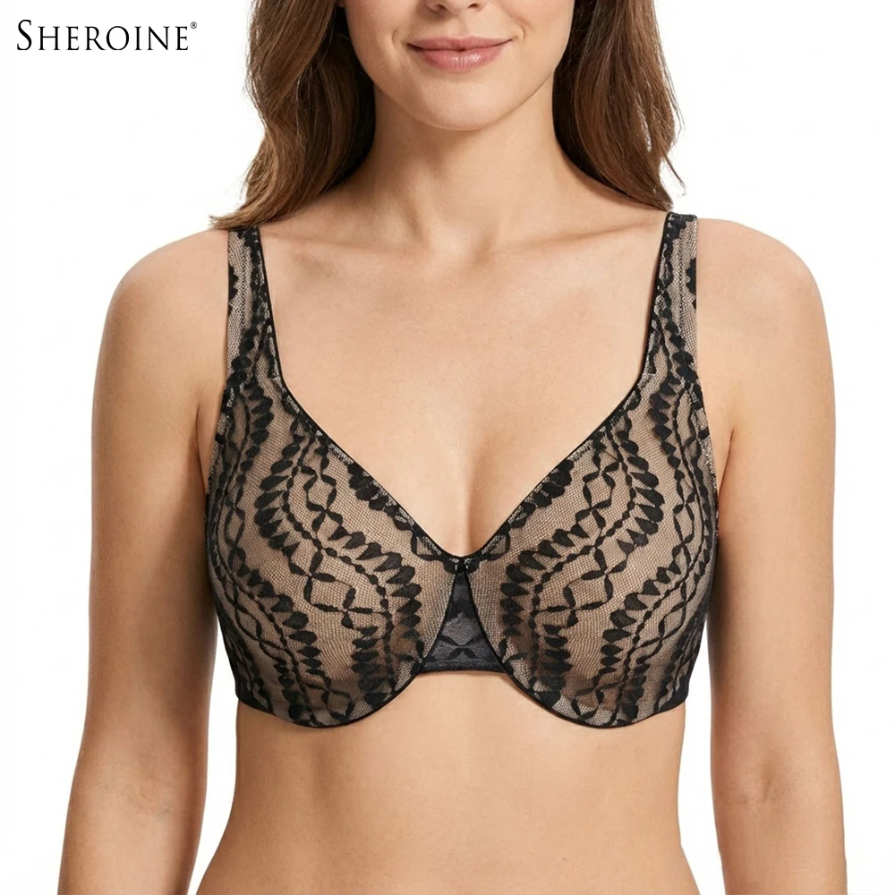 

Женский бюстгальтер Sheroine больших размеров, сексуальный кружевной бюстгальтер с цветочным принтом на косточках без подкладок, полная чашка с высокой поддержкой, мягкий и комфортный для повседневного ношения