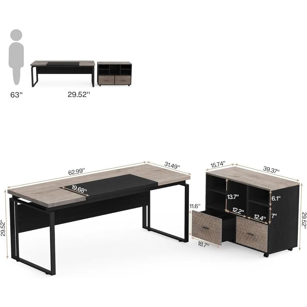 L-Shaped Executive Desk with Reversible File Cabinet,  Office Desk with Storage Drawers