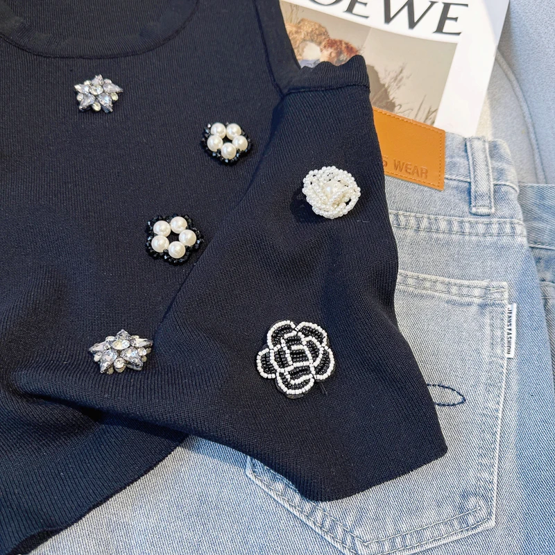Camelia Beading Slim Knit Vests Women Crop Tops 2023 Summer Sleeveless O-neck Knitwear Pullover Elegant Vintage Stylish Vests