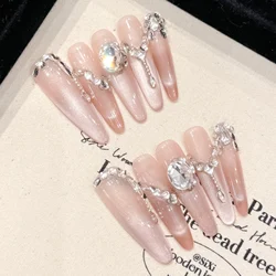 10pcs Long Ballerina Almond False Nail Tips Handmade Glossy Pink Cat's Eye Press On Nails Sweet Simple Gentle Fake Nail For Girl