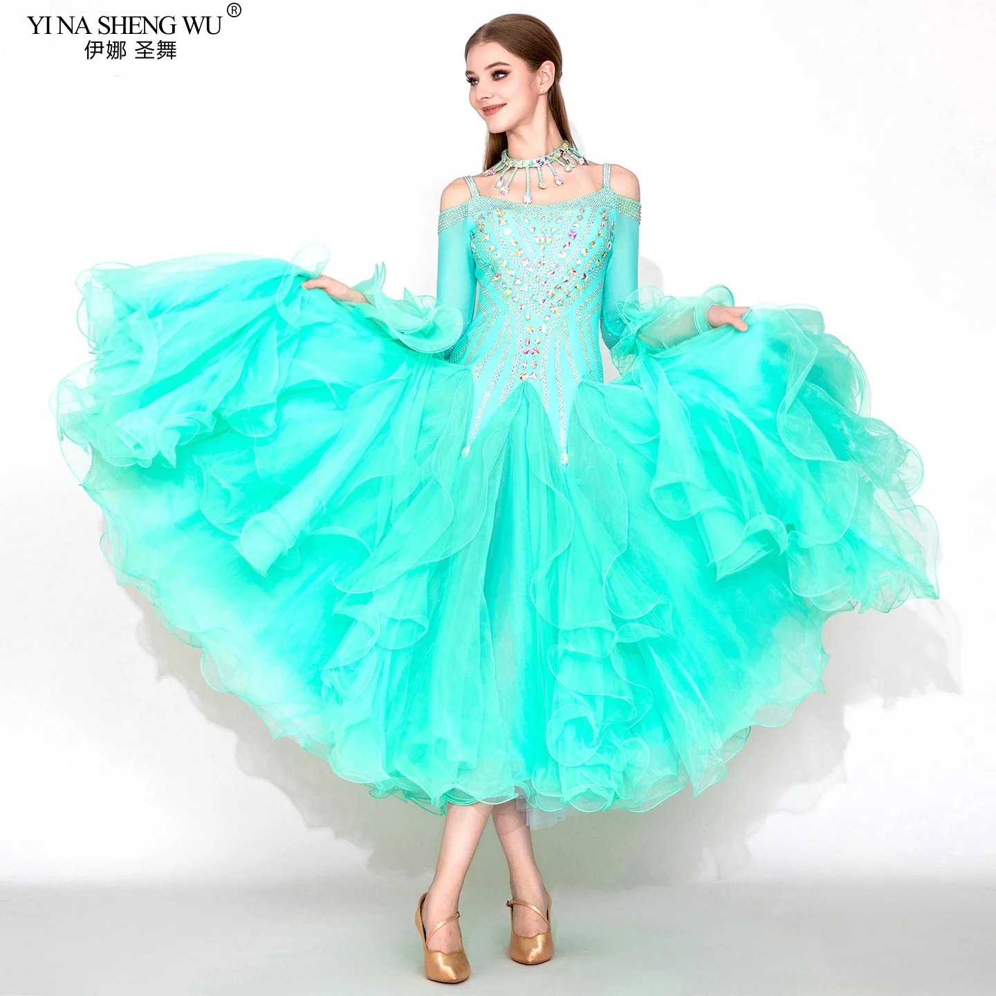 

High Quality Women's Green Elves Long Dance Wear Custom Ballroom Dancing Dress with Diamonds Adult Dream Making Costume