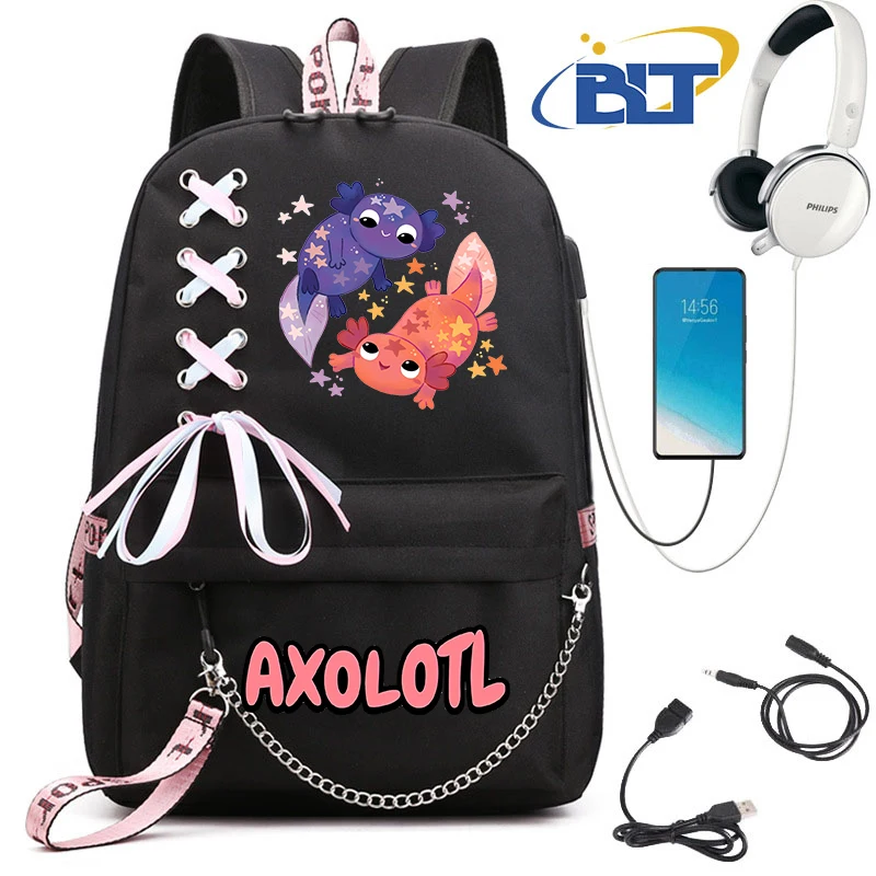 Simpatico zainetto per studenti stampato Axolotl per ragazze zaino nero borsa casual per bambini usb torna a scuola regalo