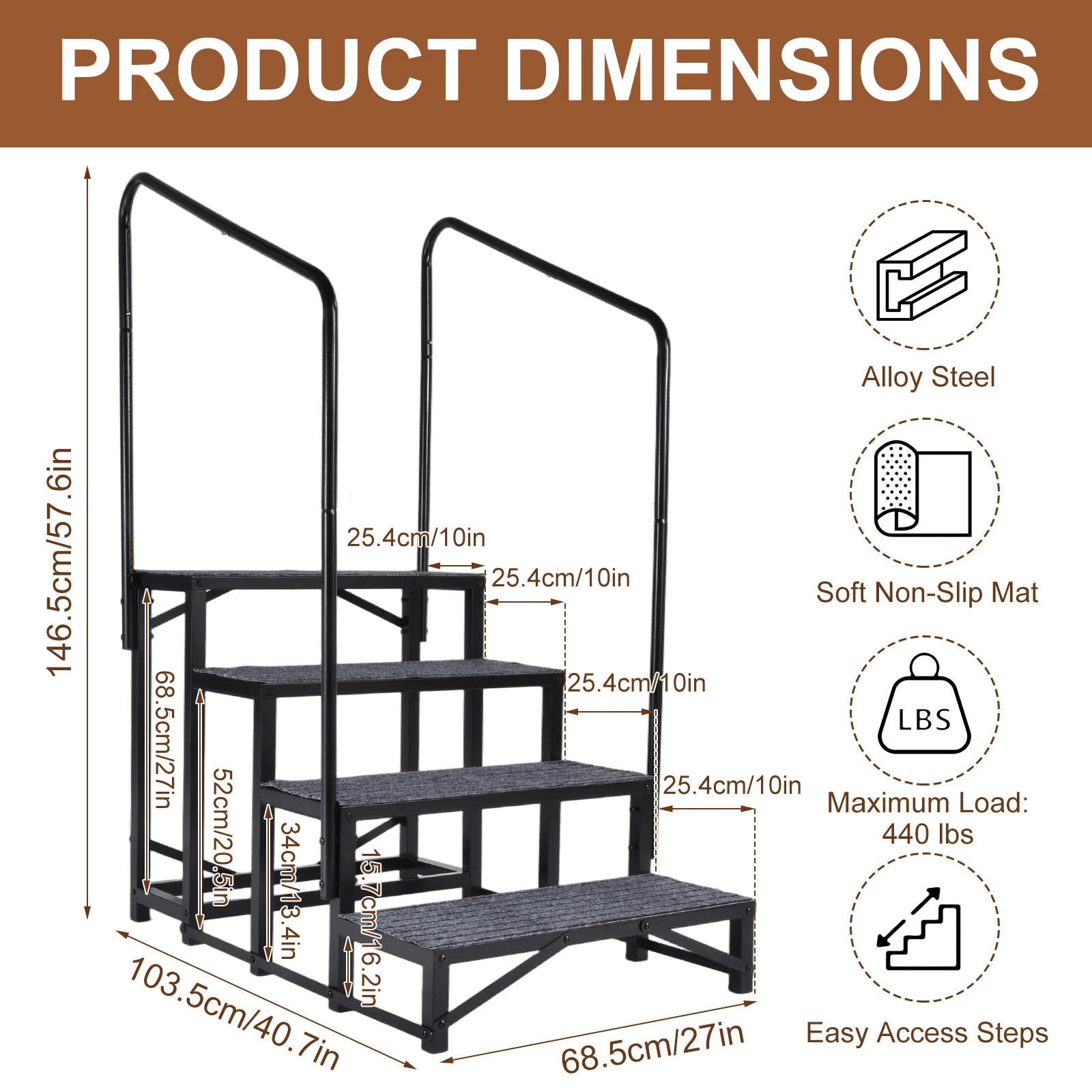 RV Steps with 2 Handrails 4 Step Heavy Duty Entry Stairs 440 lbs Load Capacity Alloy Steel Mobile Home Steps Non Slip Anti Slip Outdoor Portable Ladder for Caravan Travel Trailer Camper 5th Wheel Motorhome Hot Tub Pool Porch