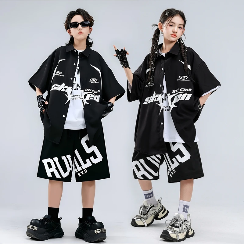 Kids Hip‑Hop Streetwear Letter Print Inner Top Graffiti‑Print Loose Shorts Boys Girls Casual Outfit for Jazz Dance Stage Group