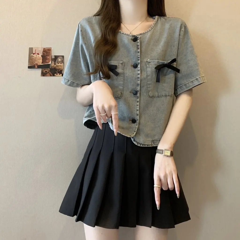Damen-Jeanshemd mit französischer Schleife und kurzen Ärmeln, Frühling und Herbst, modisches Trend-Design