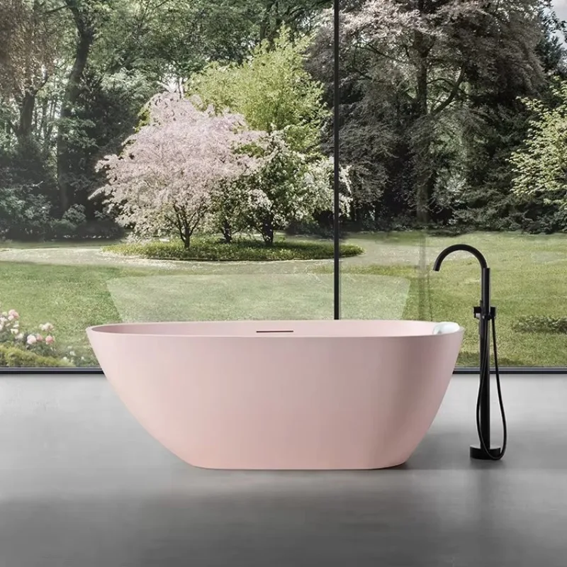 

Modern Indoor Freestanding Artificial Stone Bathtub Pink Oval Shape SPA Soaking Bath Tub for Hotels