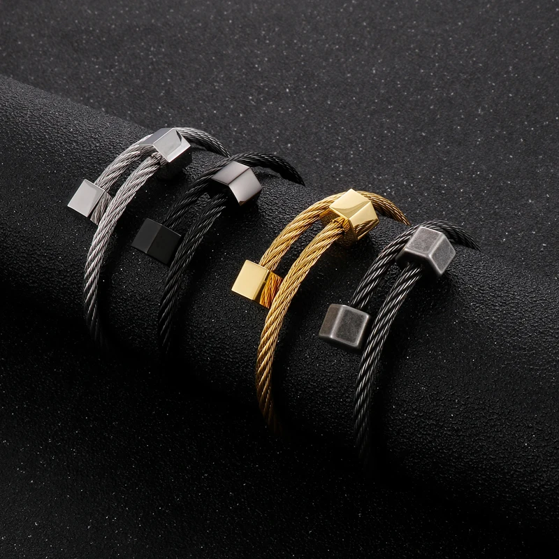 

Fongten Vintage Polygonal Hammer Bracelets For Men Multiple Color Stainless Steel Twist Cable Wrist Men Bangles Hip Hop Jewelry