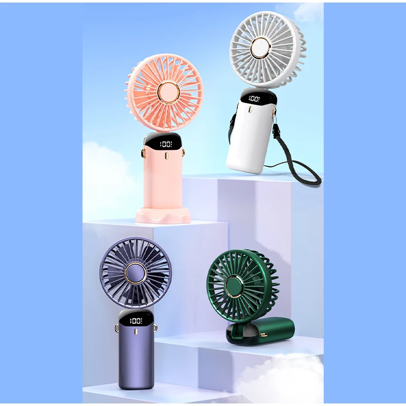 USB Handheld Mini Fan Foldable Portable Neck Hanging Fan 5 Speed USB Rechargeable Fan with Phone Stand & Display Screen 5 Colors