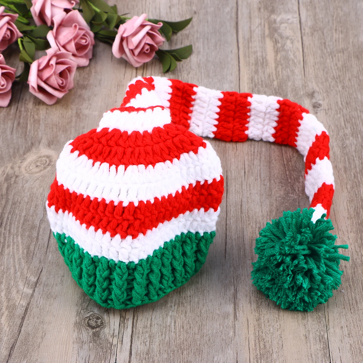 الكروشيه اليدوية ذيل طويل الوليد قبعة داكنة الحجم L مرونة تنفس عيد الميلاد قبعة الطفل صور الدعامة الرضع