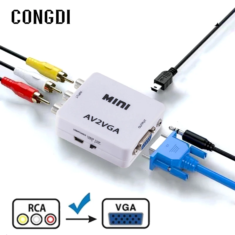 Konwerter AV RCA CVBS na wideo VGA Adapter VGA na AV RCA z kablem Audio 3.5mm do TV, pudełko Monitor do komputera 1080P HDTV Mini konwerter