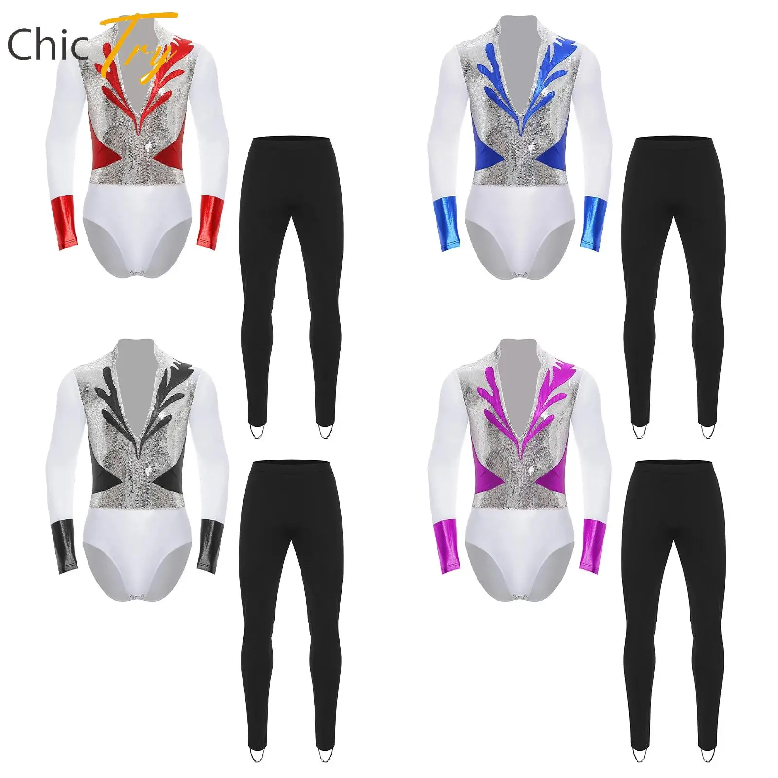 

Mens Ballet Latin Dance Outfit Adult Gymnastics Figure Skating Clothes Sequin Metallic Shiny Long Sleeve Bodysuit Long Pants Set